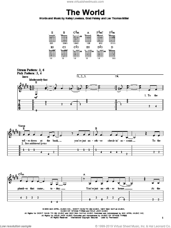 The World sheet music for guitar solo (easy tablature) by Brad Paisley, Kelley Lovelace and Lee Thomas Miller, easy guitar (easy tablature)