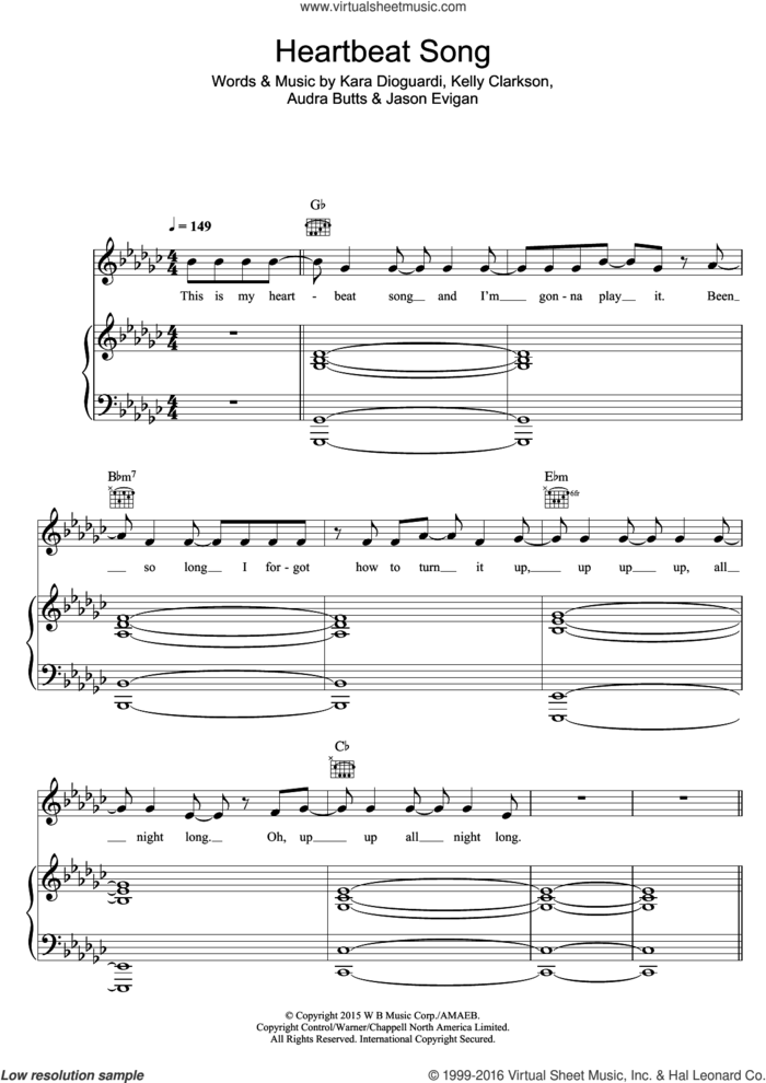 Heartbeat Song sheet music for voice, piano or guitar by Kelly Clarkson, Audra Butts, Jason Evigan and Kara DioGuardi, intermediate skill level