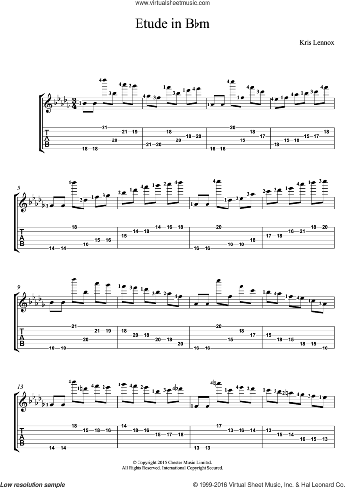 Etude In B Flat Minor sheet music for guitar (tablature) by Kris Lennox, intermediate skill level