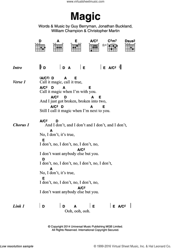 Magic sheet music for guitar (chords) by Coldplay, Christopher Martin, Guy Berryman, Jonathan Buckland and William Champion, intermediate skill level