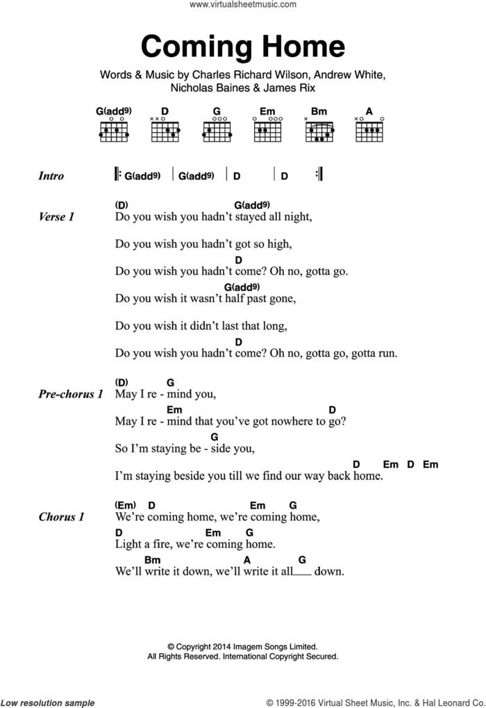 Coming Home sheet music for guitar (chords) by Kaiser Chiefs, Andrew White, Charles Richard Wilson, James Rix and Nicholas Baines, intermediate skill level