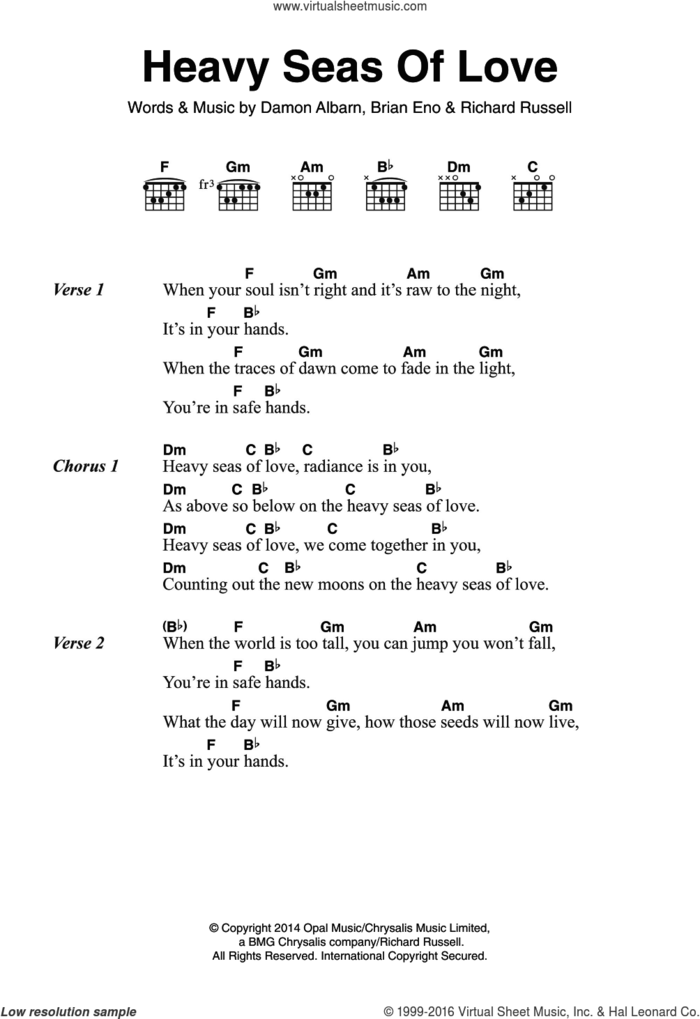 Heavy Seas Of Love sheet music for guitar (chords) by Damon Albarn, Brian Eno and Richard Russell, intermediate skill level