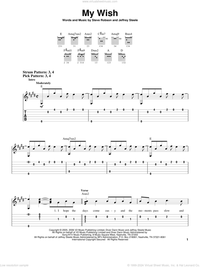 My Wish sheet music for guitar solo (easy tablature) by Rascal Flatts, Jeffrey Steele and Steve Robson, easy guitar (easy tablature)