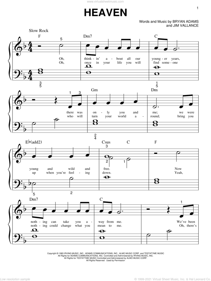 Heaven sheet music for piano solo (big note book) by Bryan Adams, DJ Sammy & Yanou, DJ Sammy & Yanou Featuring Do, Do and Jim Vallance, easy piano (big note book)