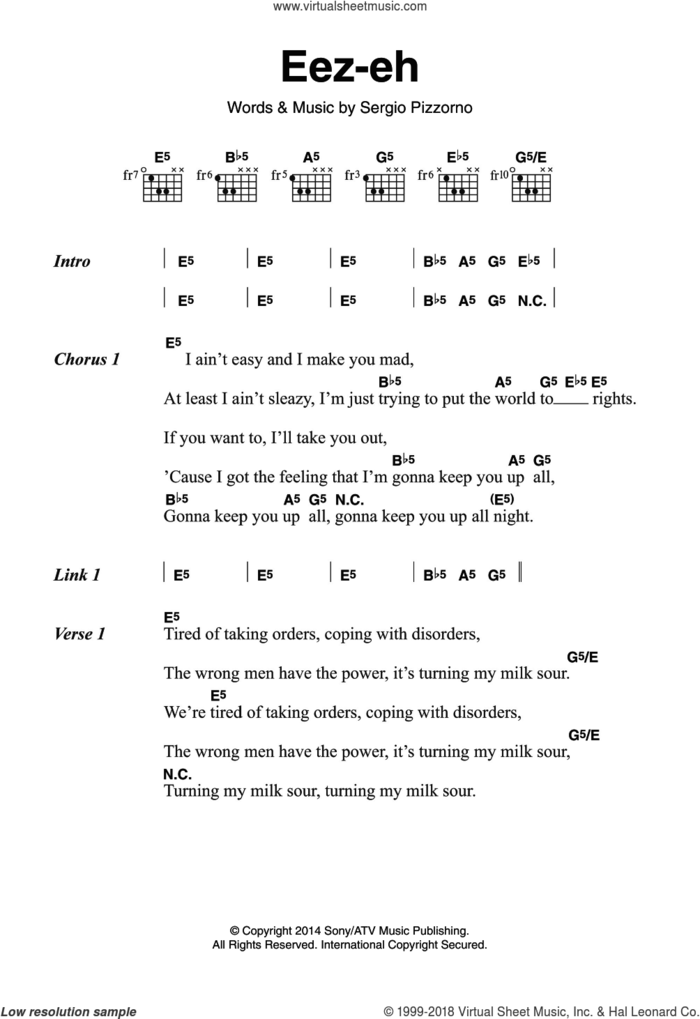 Eez-Eh sheet music for guitar (chords) by Kasabian and Sergio Pizzorno, intermediate skill level