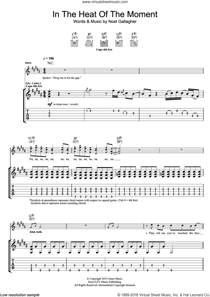 In The Heat Of The Moment sheet music for guitar (tablature) by Noel Gallagher's High Flying Birds and Noel Gallagher, intermediate skill level