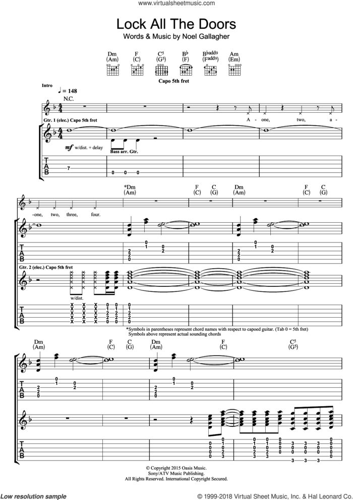 Lock All The Doors sheet music for guitar (tablature) by Noel Gallagher's High Flying Birds and Noel Gallagher, intermediate skill level