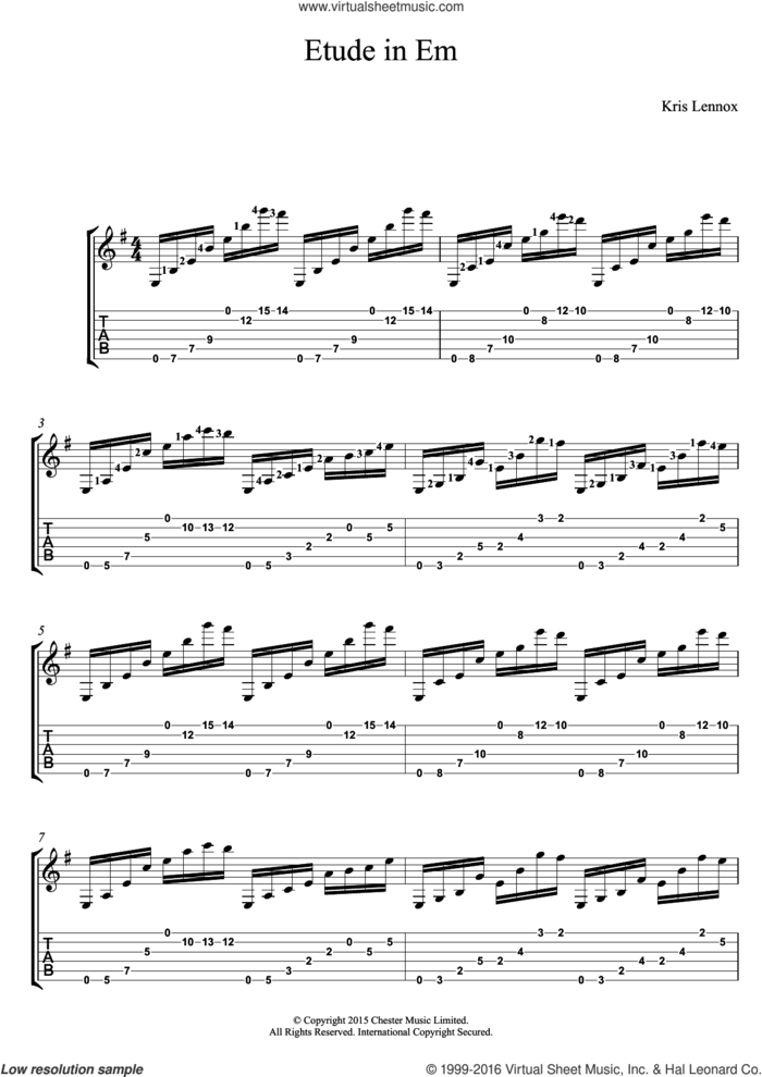 Etude In Em sheet music for guitar (tablature) by Kris Lennox, intermediate skill level