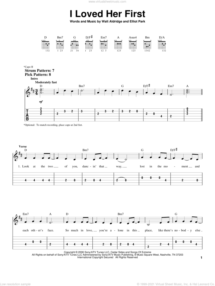I Loved Her First sheet music for guitar solo (easy tablature) by Heartland, Elliot Park and Walt Aldridge, easy guitar (easy tablature)