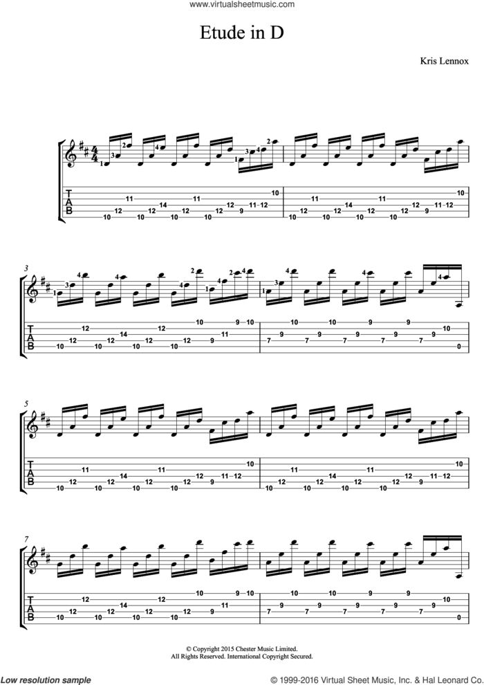 Etude In D sheet music for guitar (tablature) by Kris Lennox, intermediate skill level