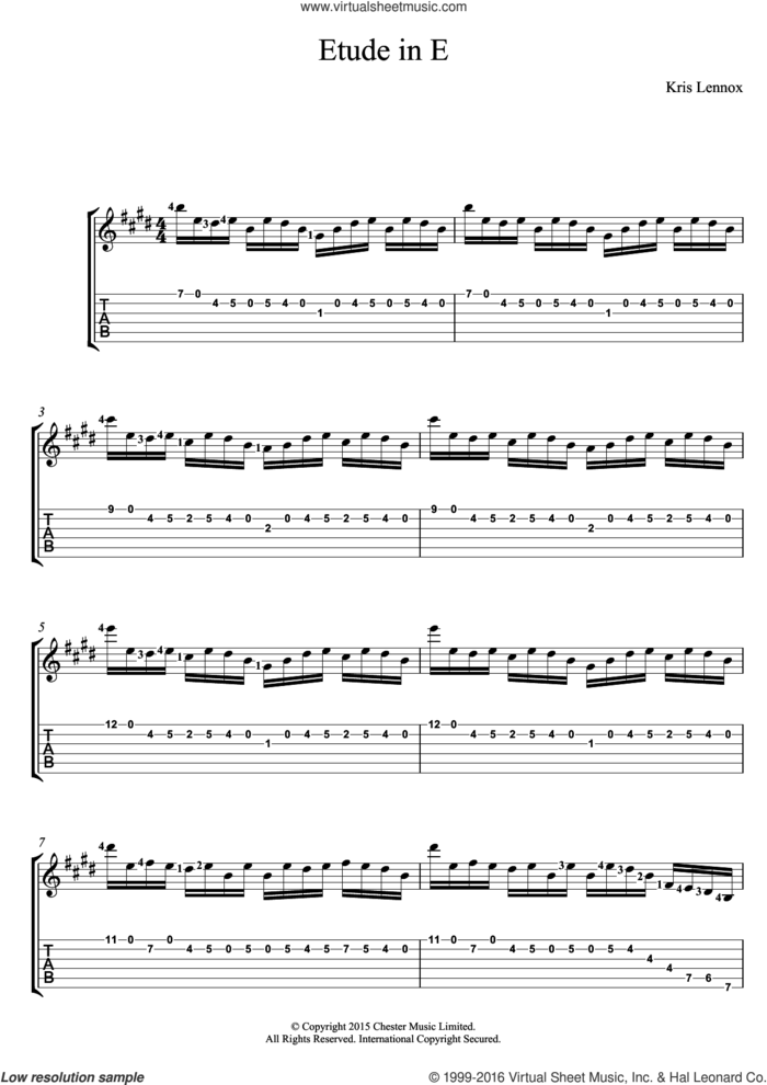 Etude In E sheet music for guitar (tablature) by Kris Lennox, intermediate skill level
