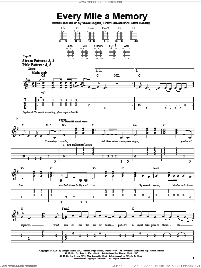 Every Mile A Memory sheet music for guitar solo (easy tablature) by Dierks Bentley, Brett Beavers and Steve Bogard, easy guitar (easy tablature)