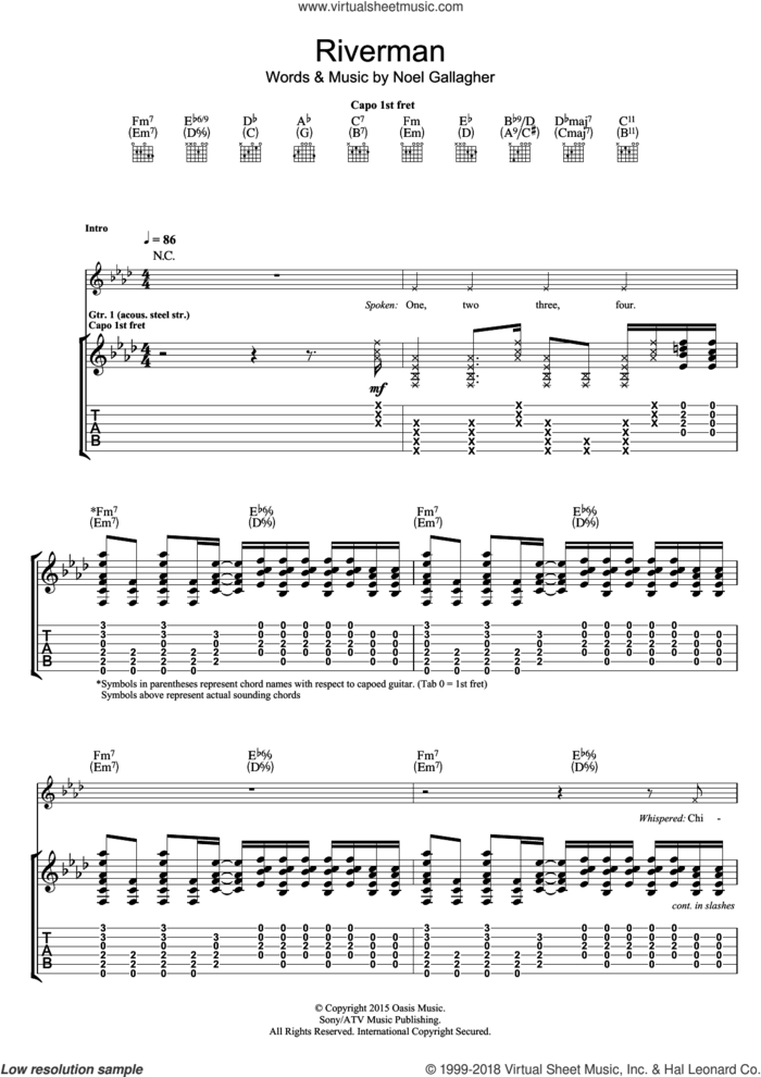 Riverman sheet music for guitar (tablature) by Noel Gallagher's High Flying Birds and Noel Gallagher, intermediate skill level