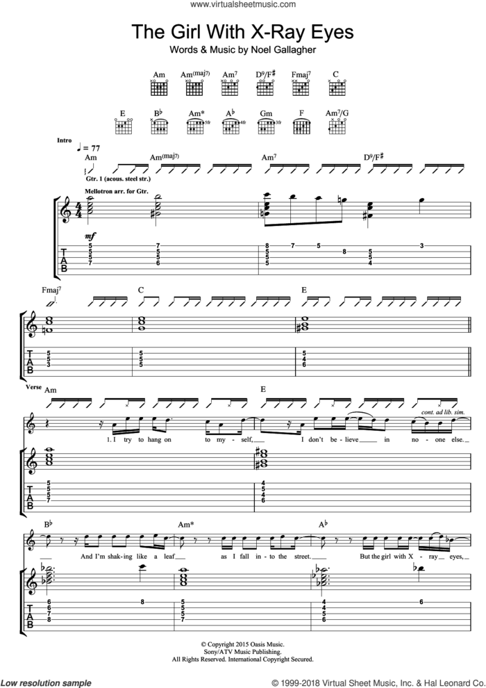 The Girl With X-Ray Eyes sheet music for guitar (tablature) by Noel Gallagher's High Flying Birds and Noel Gallagher, intermediate skill level
