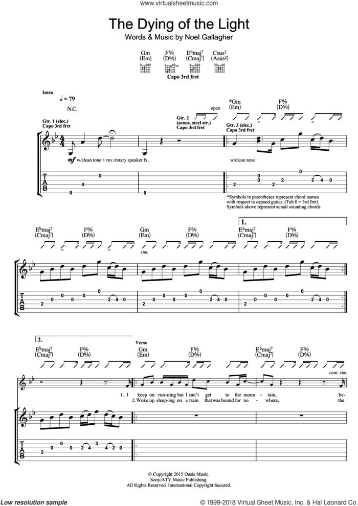 The Dying Of The Light sheet music for guitar (tablature) by Noel Gallagher's High Flying Birds and Noel Gallagher, intermediate skill level
