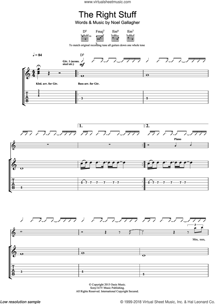 The Right Stuff sheet music for guitar (tablature) by Noel Gallagher's High Flying Birds and Noel Gallagher, intermediate skill level