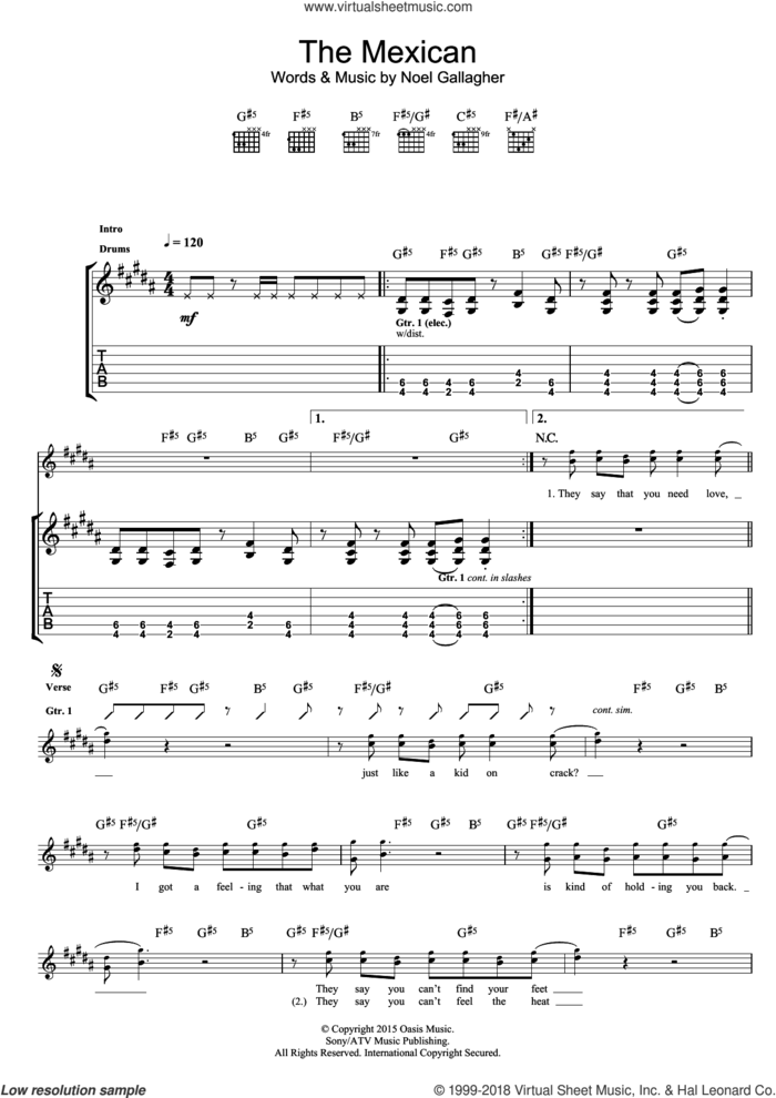 The Mexican sheet music for guitar (tablature) by Noel Gallagher's High Flying Birds and Noel Gallagher, intermediate skill level