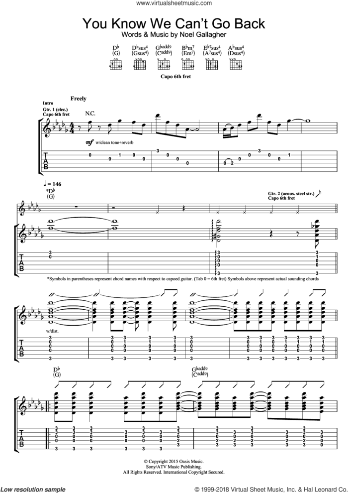 You Know We Can't Go Back sheet music for guitar (tablature) by Noel Gallagher's High Flying Birds and Noel Gallagher, intermediate skill level
