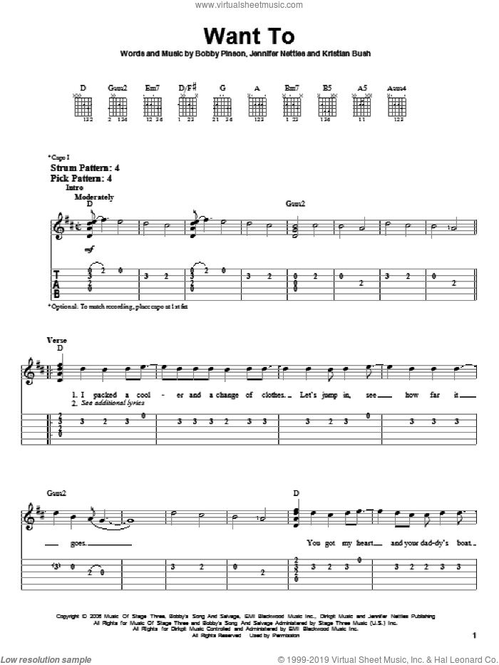 Want To sheet music for guitar solo (easy tablature) by Sugarland, Bobby Pinson, Jennifer Nettles and Kristian Bush, easy guitar (easy tablature)