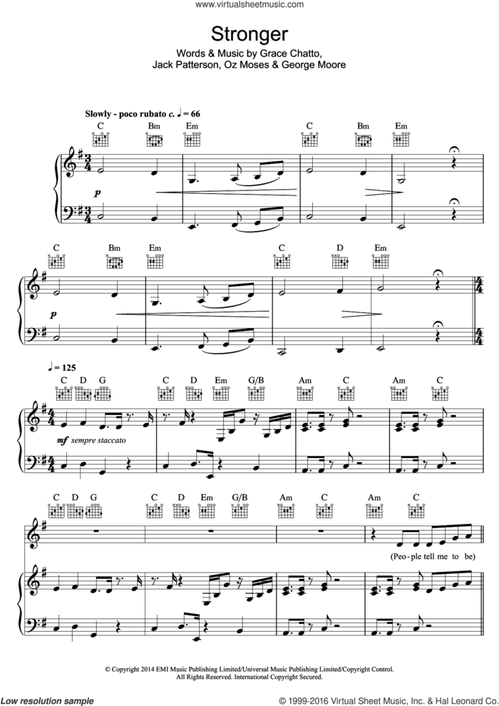 Stronger sheet music for voice, piano or guitar by Clean Bandit, George Moore, Grace Chatto, Jack Patterson and Oz Moses, intermediate skill level