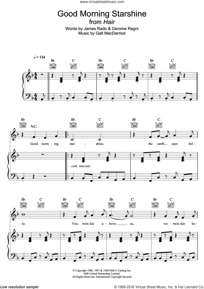 Good Morning Starshine (from 'Hair') sheet music for voice, piano or guitar by Galt MacDermot, Gerome Ragni and James Rado, intermediate skill level