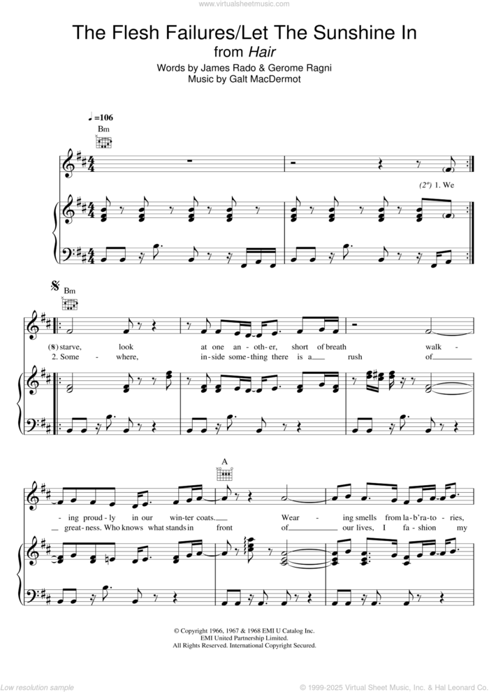 The Flesh Failures/Let The Sunshine In (from 'Hair') sheet music for voice, piano or guitar by Galt MacDermot, Gerome Ragni and James Rado, intermediate skill level