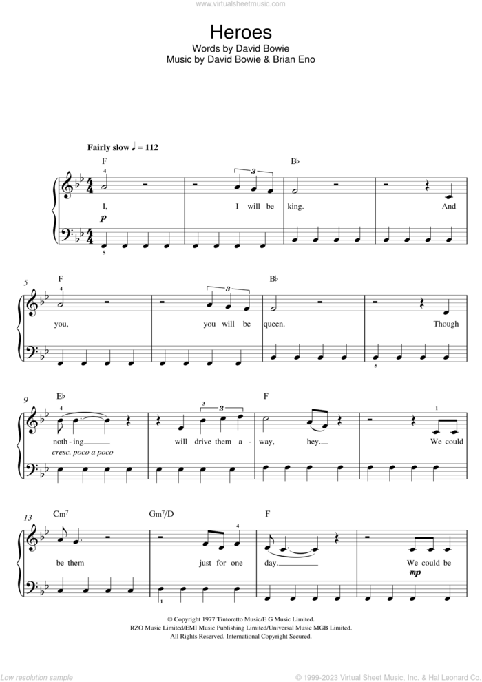Heroes sheet music for piano solo by David Bowie and Brian Eno, easy skill level