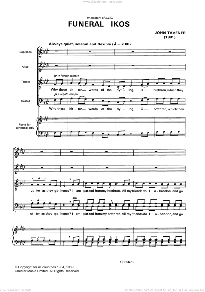Funeral Ikos sheet music for choir by John Tavener, classical score, intermediate skill level