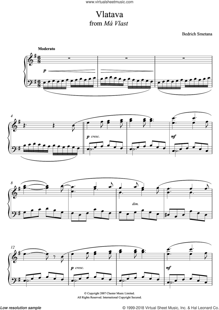 Vlatava (from 'Ma Vlast') sheet music for piano solo by Bedrich Smetana, classical score, intermediate skill level