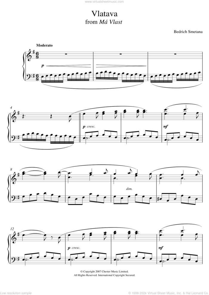 Vlatava (from 'Ma Vlast') sheet music for piano solo by Bedrich Smetana, classical score, intermediate skill level