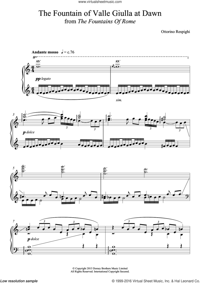 The Fountain Of Valle Giulia At Dawn (from 'The Fountains Of Rome') sheet music for piano solo by Ottorino Respighi, classical score, intermediate skill level