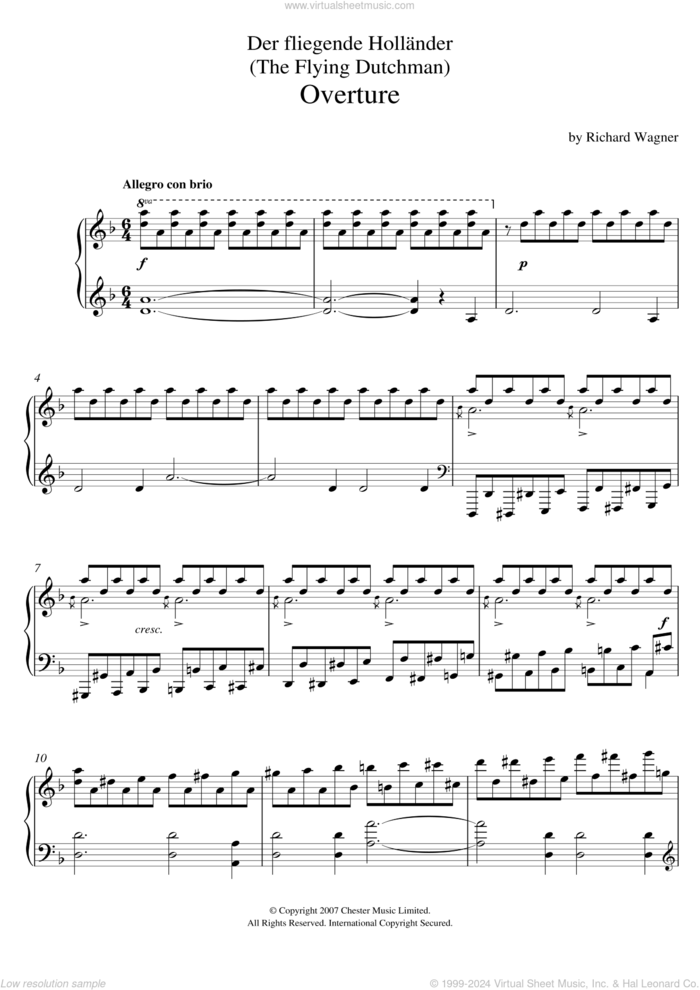 Overture from The Flying Dutchman sheet music for piano solo by Richard Wagner, classical score, intermediate skill level