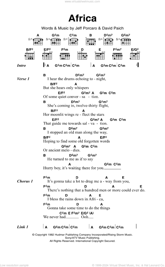 Africa sheet music for guitar (chords) by Toto, David Paich and Jeff Porcaro, intermediate skill level