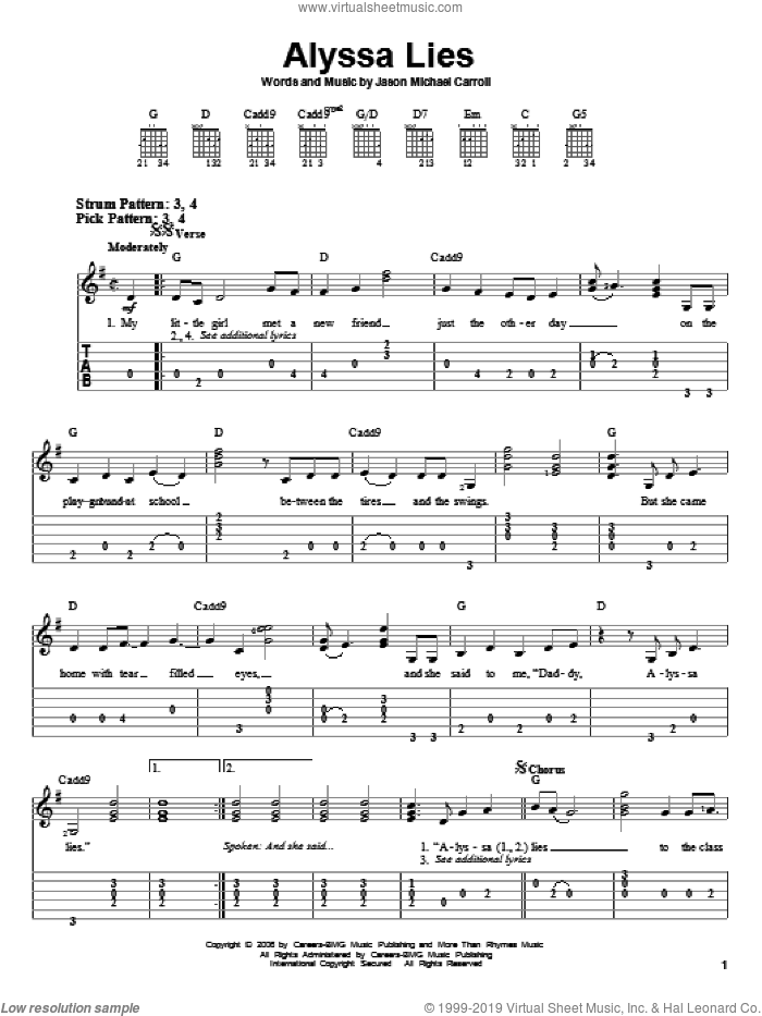 Alyssa Lies sheet music for guitar solo (easy tablature) by Jason Michael Carroll, easy guitar (easy tablature)