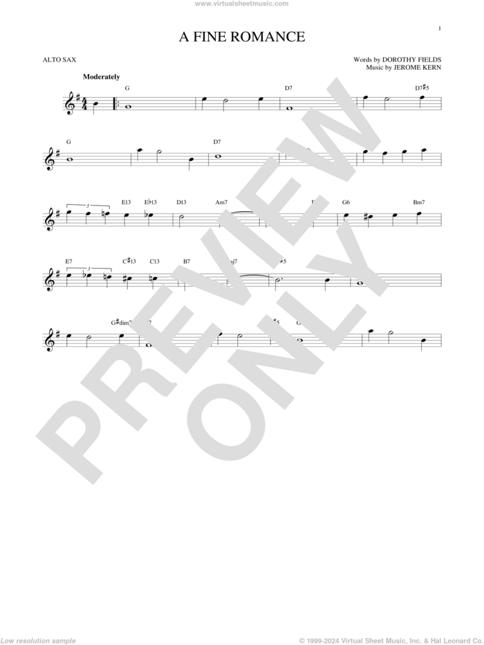 A Fine Romance sheet music for alto saxophone solo by Jerome Kern and Dorothy Fields, intermediate skill level