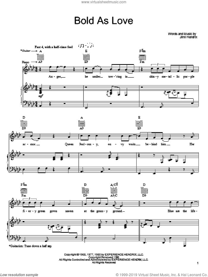 Bold As Love sheet music for voice, piano or guitar by John Mayer and Jimi Hendrix, intermediate skill level