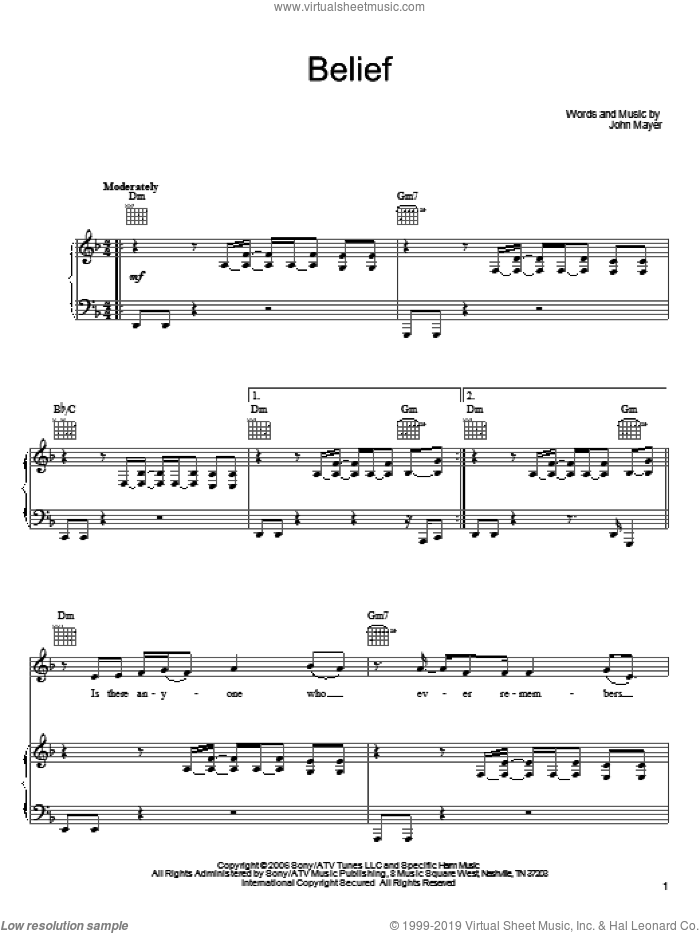 Belief sheet music for voice, piano or guitar by John Mayer, intermediate skill level