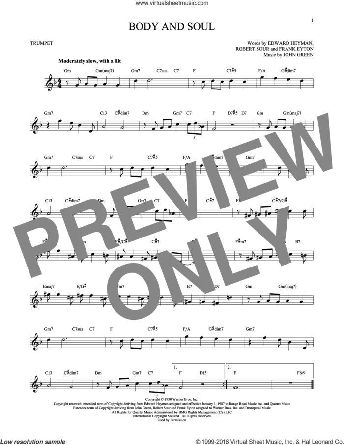 Body And Soul sheet music for trumpet solo by Edward Heyman, Tony Bennett & Amy Winehouse, Frank Eyton, Johnny Green and Robert Sour, intermediate skill level
