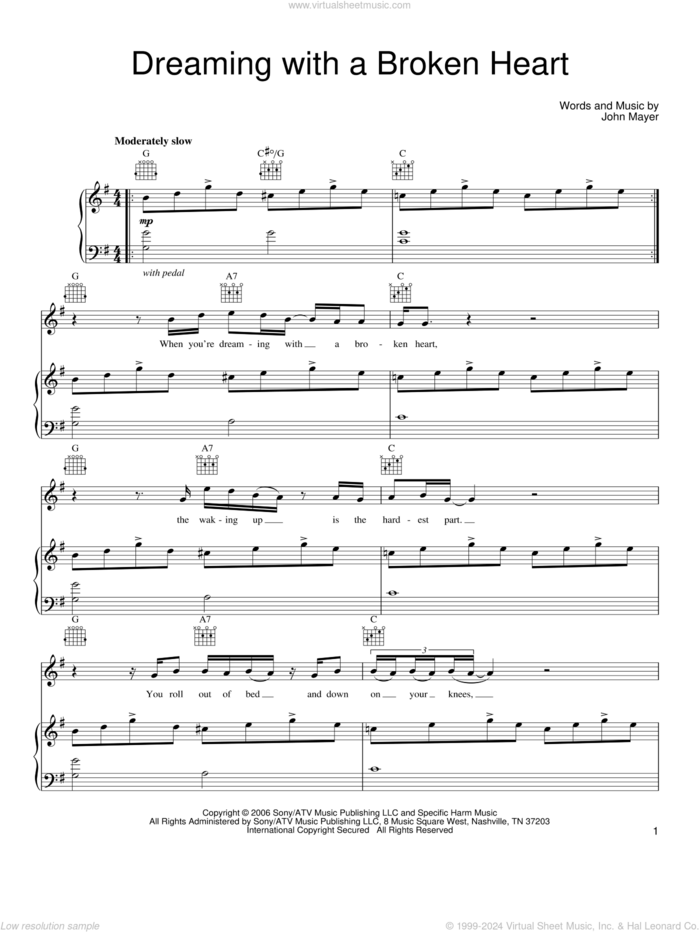 Dreaming With A Broken Heart sheet music for voice, piano or guitar by John Mayer, intermediate skill level