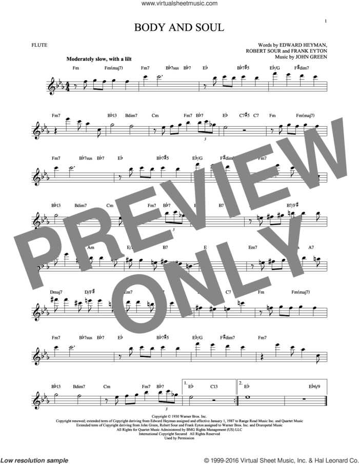 Body And Soul sheet music for flute solo by Edward Heyman, Tony Bennett & Amy Winehouse, Frank Eyton, Johnny Green and Robert Sour, intermediate skill level