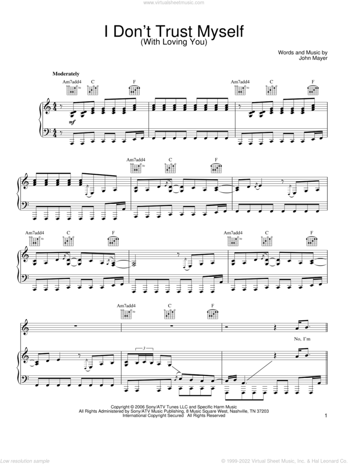 I Don't Trust Myself (With Loving You) sheet music for voice, piano or guitar by John Mayer, intermediate skill level