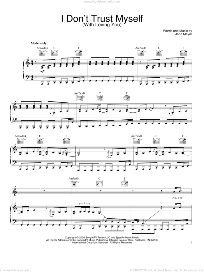 I Don't Trust Myself (With Loving You) sheet music for voice, piano or guitar by John Mayer, intermediate skill level