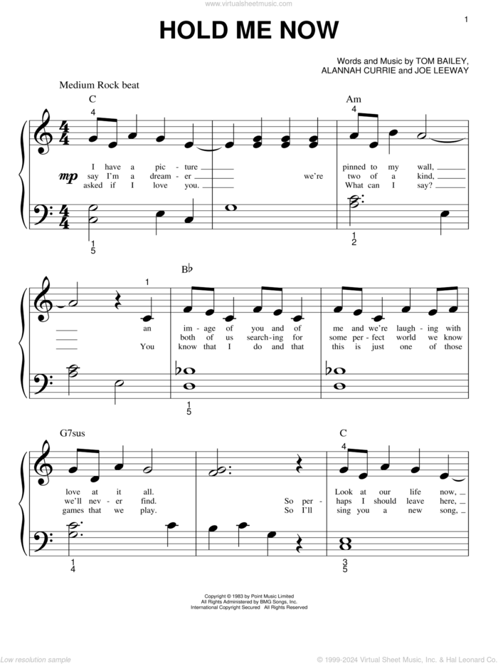 Hold Me Now sheet music for piano solo (big note book) by Thompson Twins, Alannah Currie, Joe Leeway and Tom Bailey, easy piano (big note book)