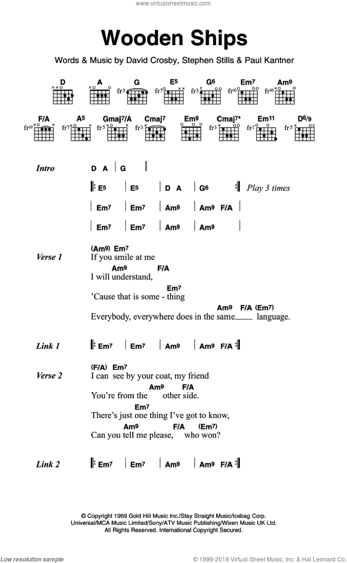 Wooden Ships sheet music for guitar (chords) by Crosby, Stills & Nash, David Crosby, Paul Kantner and Stephen Stills, intermediate skill level