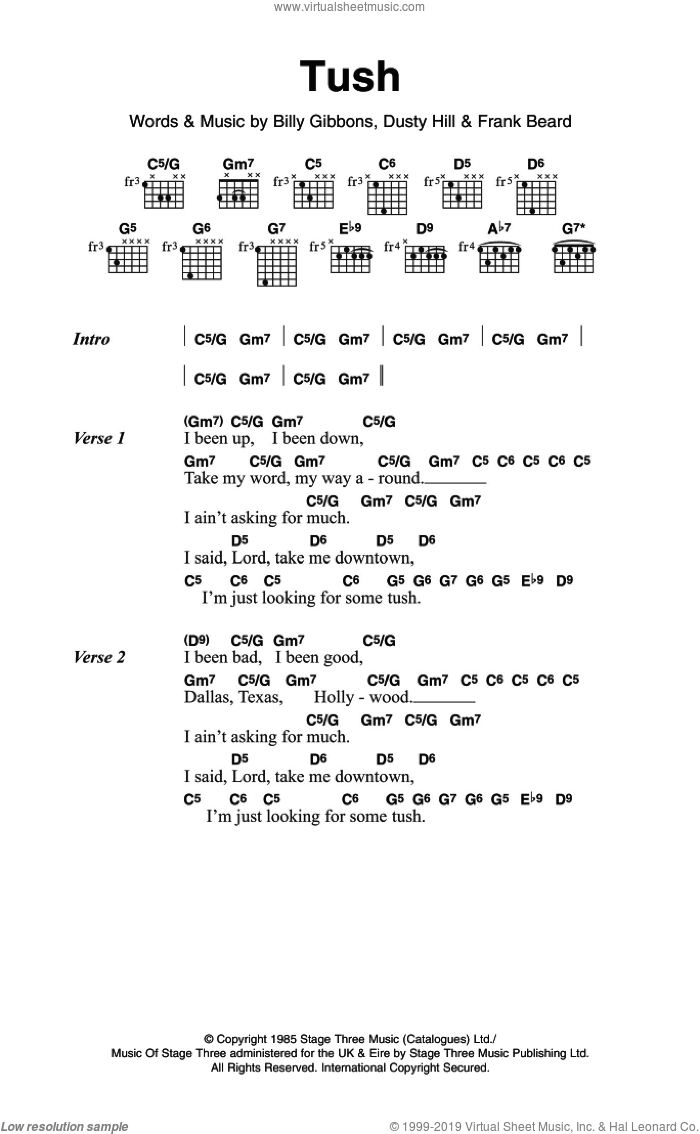 Tush sheet music for guitar (chords) by ZZ Top, Billy Gibbons, Dusty Hill and Frank Beard, intermediate skill level