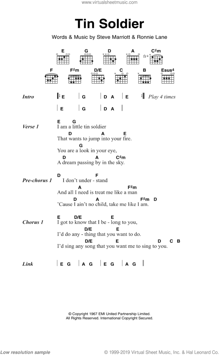 Tin Soldier sheet music for guitar (chords) by The Small Faces, Ronnie Lane and Steve Marriott, intermediate skill level