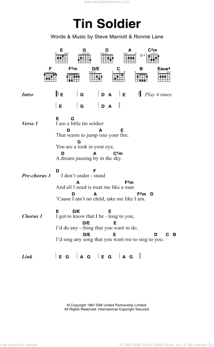 Tin Soldier sheet music for guitar (chords) by The Small Faces, Ronnie Lane and Steve Marriott, intermediate skill level