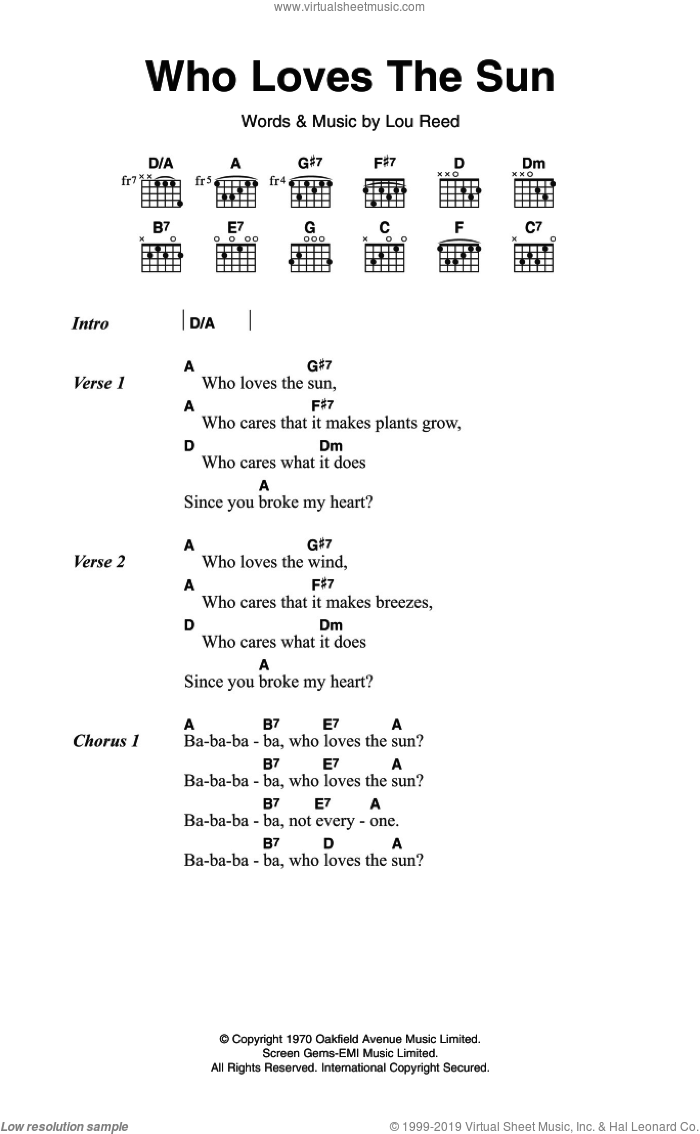 Who Loves The Sun sheet music for guitar (chords) by The Velvet Underground and Lou Reed, intermediate skill level