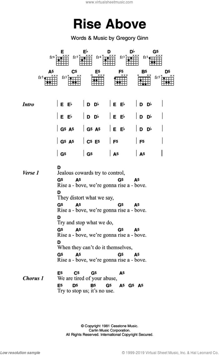 Rise Above sheet music for guitar (chords) by Black Flag and Gregory Ginn, intermediate skill level