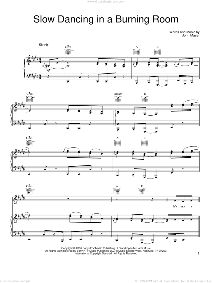 Slow Dancing In A Burning Room sheet music for voice, piano or guitar by John Mayer, intermediate skill level